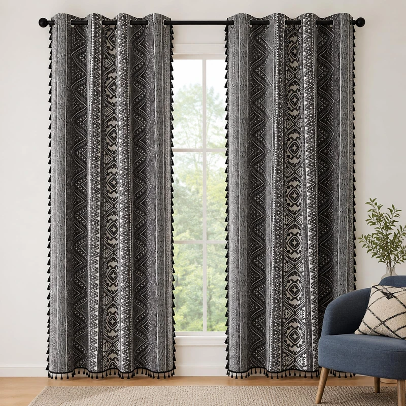 Colorbirtd 100% Blackout Boho Heat Blocking Thermal Curtains for Summer Heat Floor to Ceilig Living Room Bedroom 96 Inches Grey Sun Blocking Patterned Decorative Western Southwest Curtain & Drapes