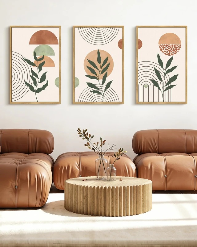 PHOPAGO Boho Wall Art Sage Plant Botanical Bohemain Framed Wall Printing Large 24x36in Abstract Canvas Prints with Leaf & Sun Lines - Natural Framed