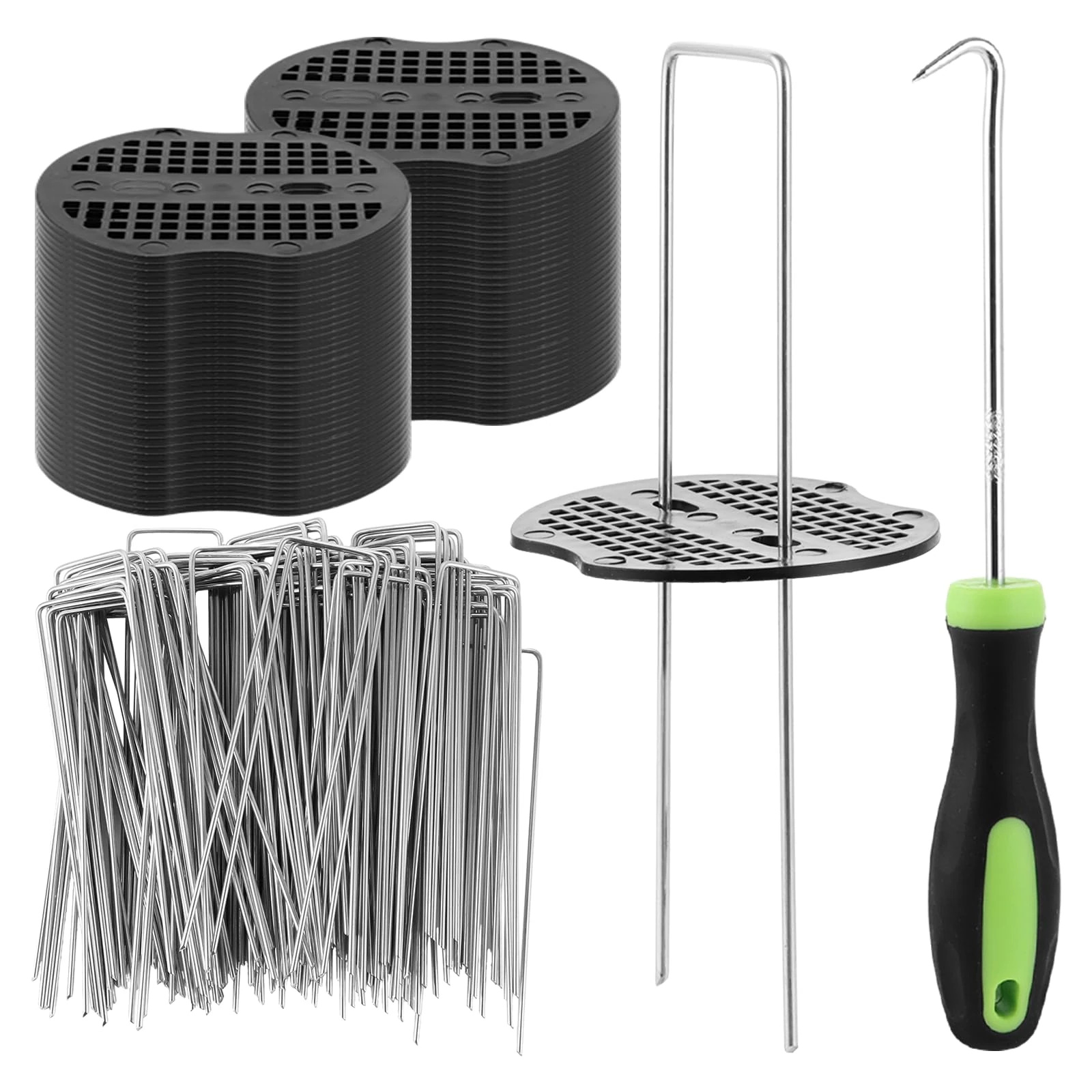 YOUNTHYE 100 Pack Weed Control Membrane Pegs, 6"/150mm Weed Membrane Pegs 100 Buffer Washer, U-Shaped Metal Ground Pegs Heavy Duty Weed Mat Pegs for Garden Fencing