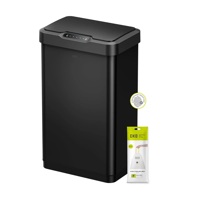 EKO Mirage-T 50L Sensor Bin, Stainless Steel Automatic Kitchen Bin, Rectangular Electric Waste Bin with Soft-Close Lid, Fingerprint-Resistant, Matt Black