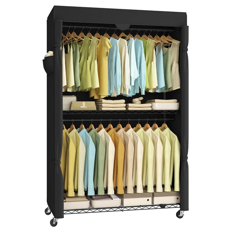 SONGMICS Portable Closet, Heavy-Duty Rolling Clothes Rack, Garment Rack, 43.3-Inch Wide Clothing Rack on Wheels, with Adjustable Mesh Shelves and Hanging Rails, Fabric Cover, Ink Black ULGR415B01