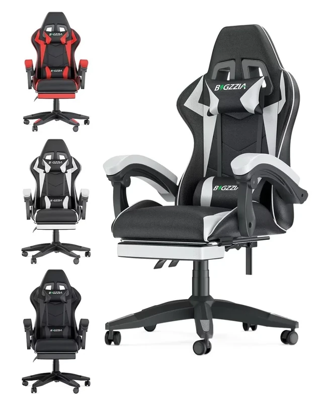bigzzia Ergonomic Gaming Chair - Gamer Chairs with Lumbar Cushion + Headrest, Height-Adjustable Office & Computer Chair for Adults (with footrest, White)