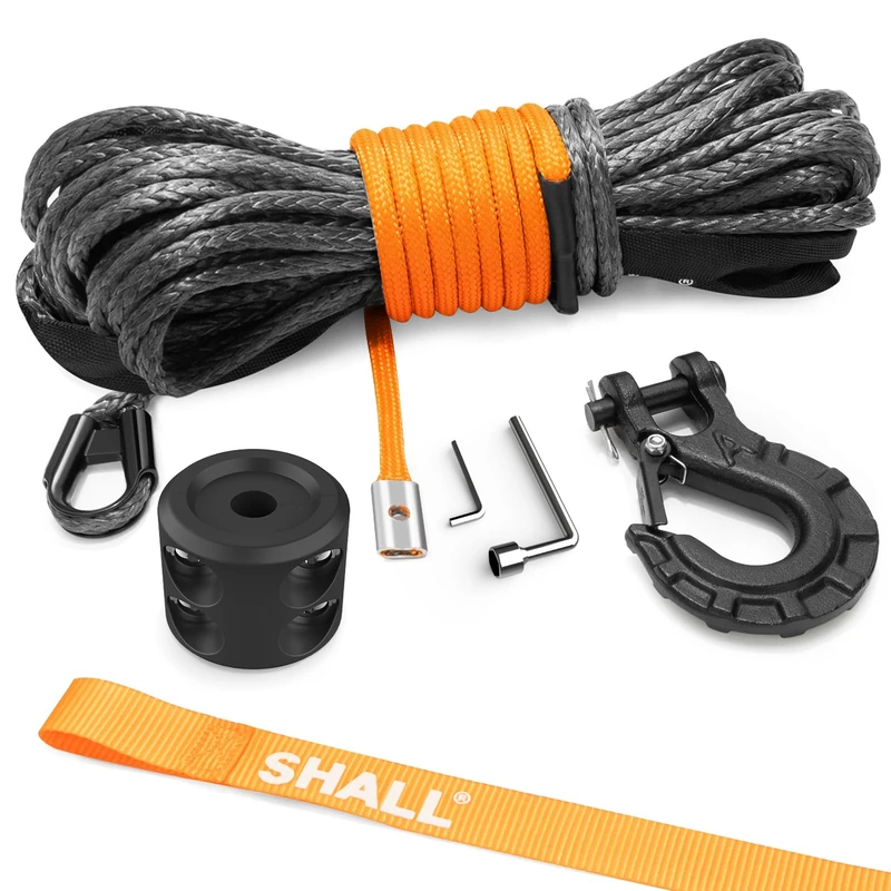 SHALL Towing Straps & Ropes, 1/4"X50 FT(7.6mmX15 M) long Synthetic Winch Rope，5 Ton (10,000Lbs), Protective Sleeve & Forged Winch Hook & Safety Pull Strap for ATV UTV Offroad Vehicle