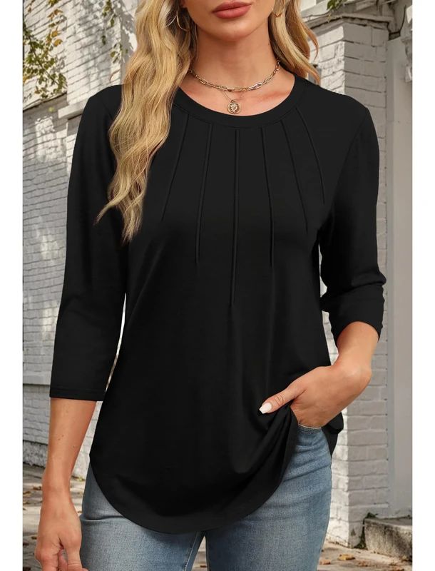 3/4 Length Sleeve Womens Tops Round Neck Casual Tunic Tops Basic Pleated Shirts Loose Fit 2026, Black, X-Large