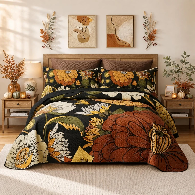 Tyrot 3 Piece Black Boho Floral Californial King Size Quilt Sets Reversible Farmhouse Lightweight Bedspread Coverlet with 2 Shams Mid Century Microfiber Bedding Quilts Set for All Season, 118''x106''