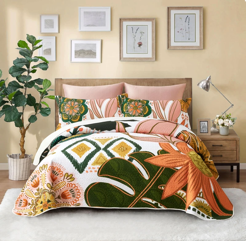 Tyrot 3 Piece Boho Floral Californial King Size Quilt Sets Farmhouse Reversible Lightweight Bedspread Coverlet with 2 Shams Mid Century Leaves Microfiber Bedding Quilts Set for All Season, 118''x106''