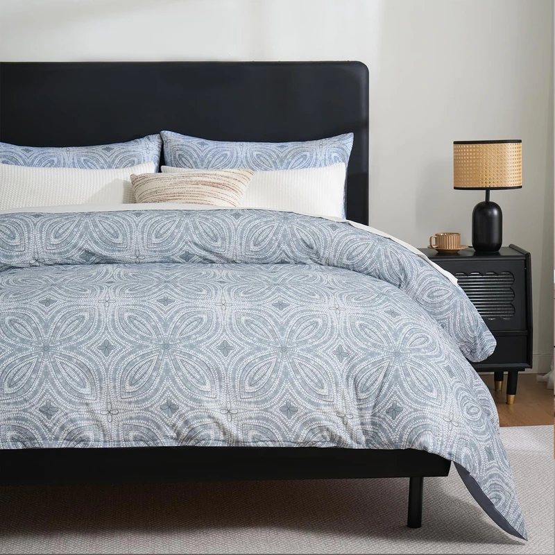 Zusbest Duvet Cover Queen Flannel-Like for Extra Soft 100% Cotton Reversible Grey Navy Blue Modern Bedding, Patterned Bed Cover Luxury Classic Printed Zipper Comforter Cover Set 3 Pieces- No Filling