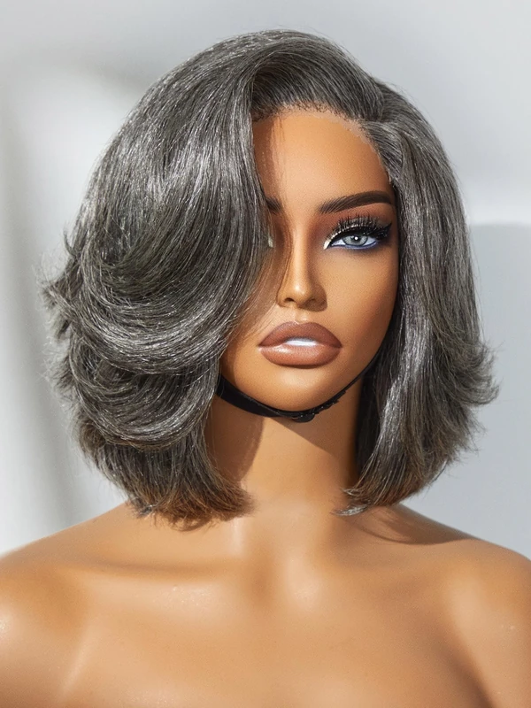 LUVME HAIR Salt & Pepper Layered Bob Glueless Pre-Cut Lace Wig Gray Wigs For Women Short Grey Hair Glueless Bob Wigs Pre Plucked Pre Cut Pixie Cut