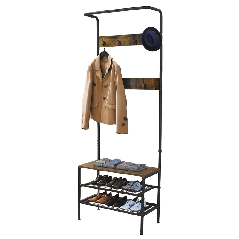 Amig - Coat Rack with Shoe Shelf Lukïen Entryway Furniture with Industrial Style Bench 183x66x32.5 cm Metal and Wood Black and Brown Furniture for Hallway or Entrance