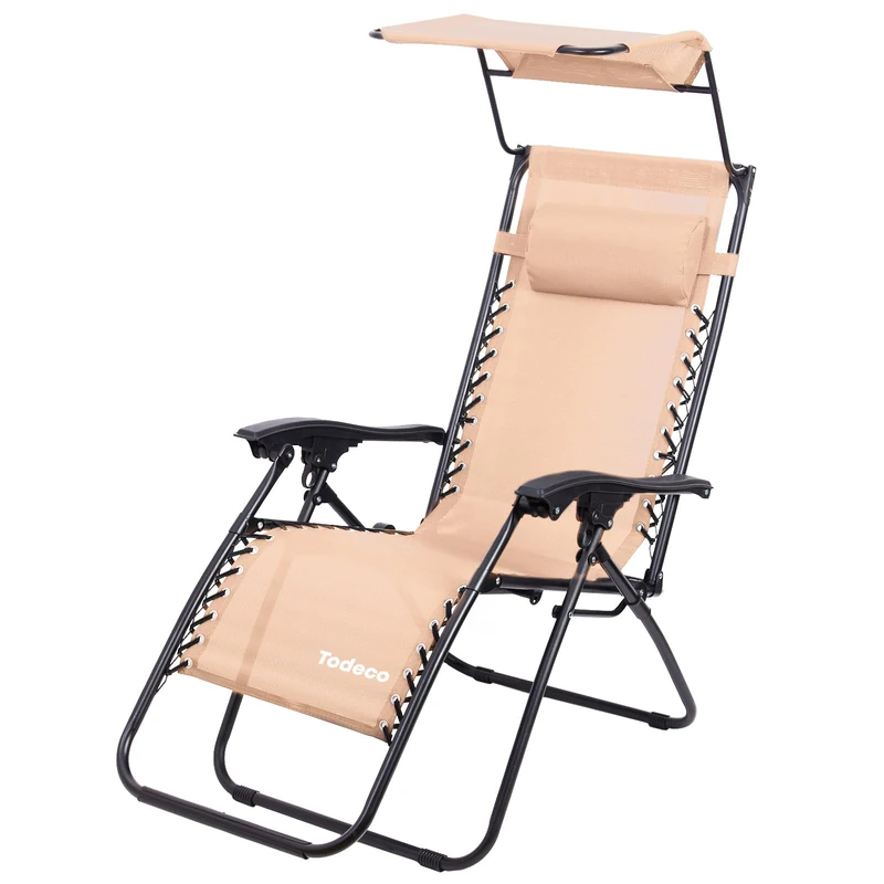 Todeco Outdoor Garden Sun Lounger, Foldable Beach Lounger with Sun Shield, Sun Lounger with Headrest, Adjustable Armrests, Breathable Camping Textilene, Khaki