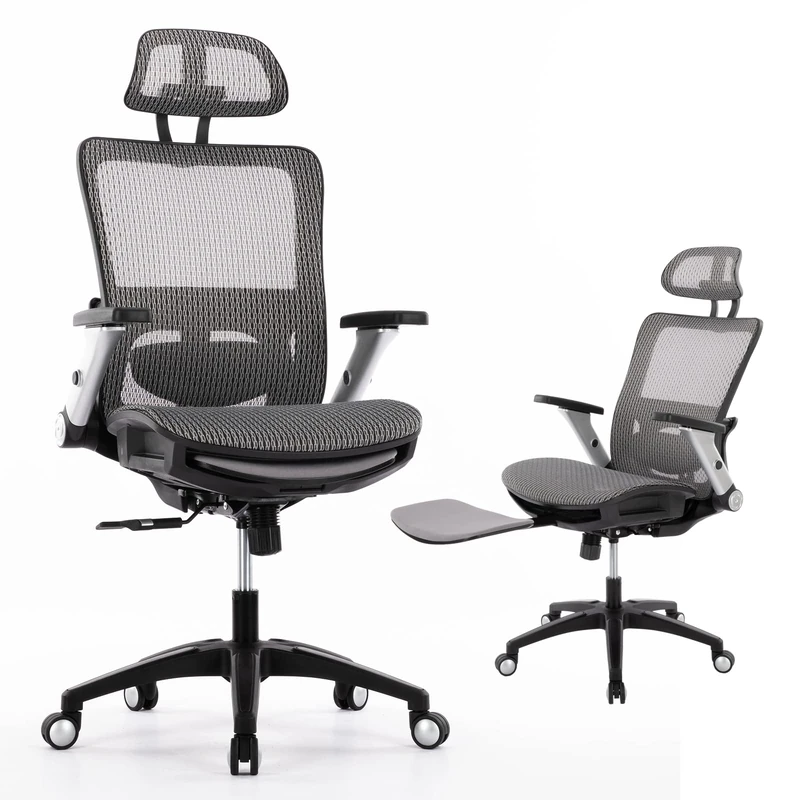 COLAMY Ergonomic Mesh Office Chair with Footrest, High Back Computer Chair with Lumbar Support, 4D Flip-up Armrests, Adjustable Headrest, Tilt Lock, Desk Chair for Home Office, Grey