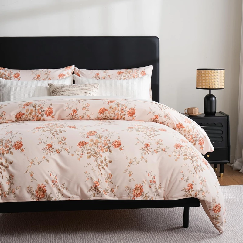 Zusbest Duvet Cover Queen Size Flannel-Like for Extra Soft 100% Cotton Reversible Orange Floral Shabby Vintage Bedding Set Flower Print Bed Cover Luxury Zipper Comforter Cover Set 3 Pcs- No Filling