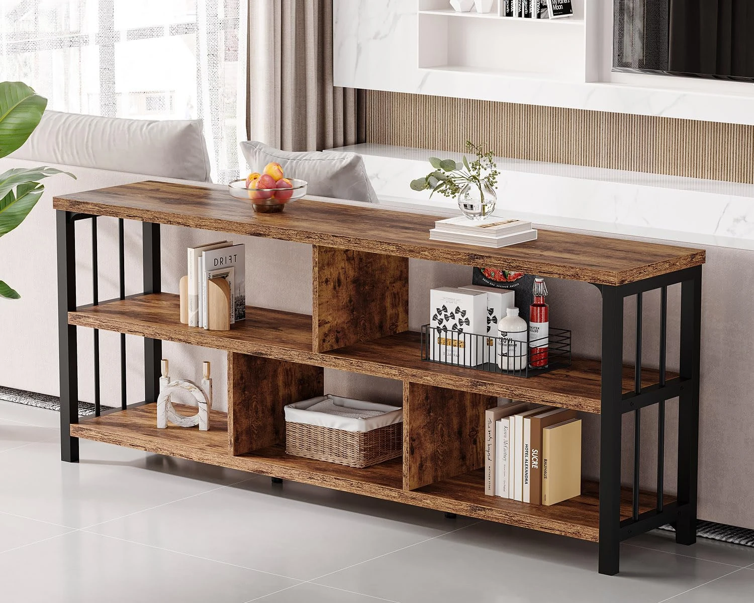 IBF Bookshelf, Farmhouse 63” Long Open Book Shelf, Wood Metal 5 Cube Bookcase for Living Room, Low Horizontal Bookshelf for Bedroom, Wide Cubby Storage Organizer for Home Office, Rustic Brown, 63 Inch