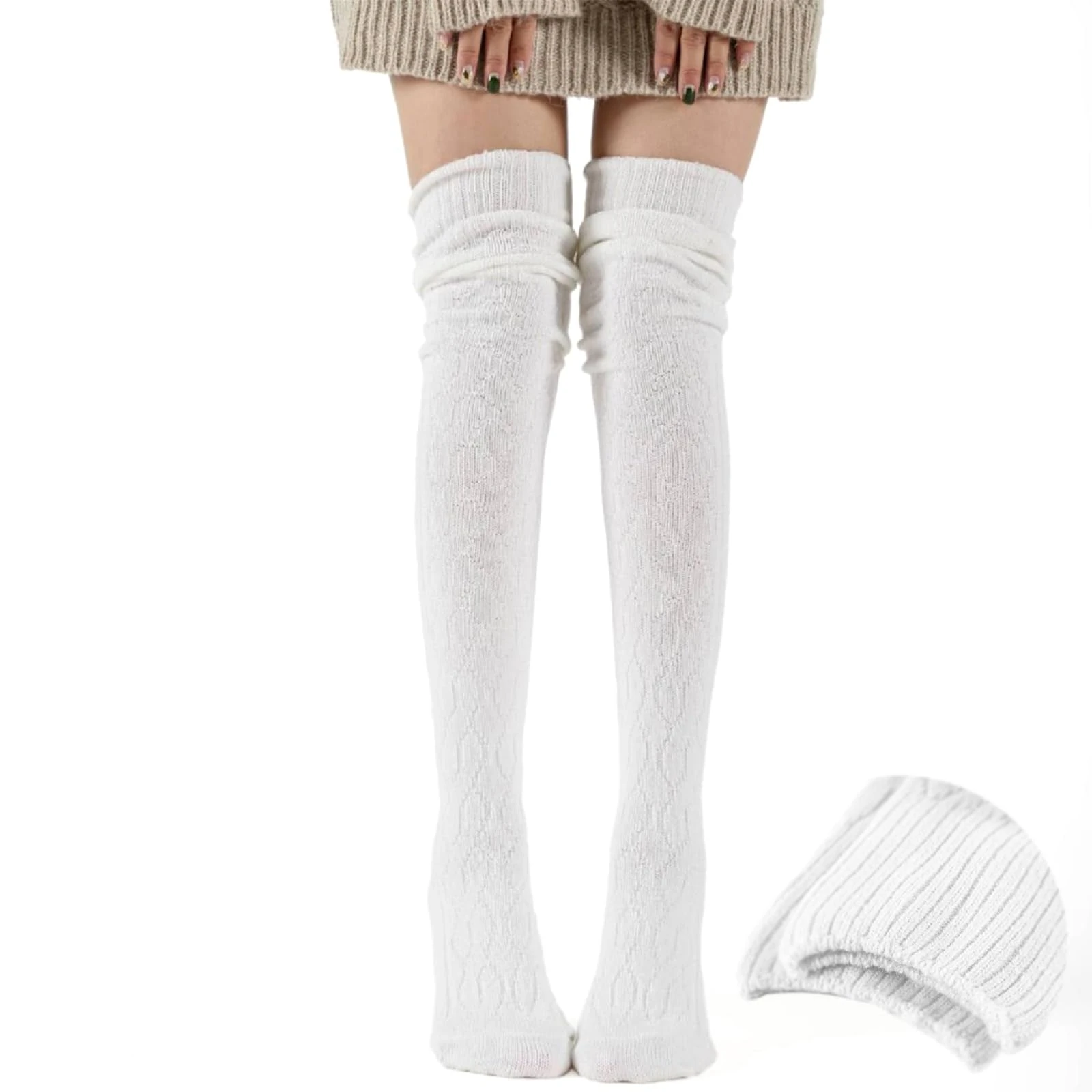 FOSDICK 60cm Long Sock Thigh High Knitted White Over Knee High Socks for Women, Winter Leg Warmers Knee Socks Knee-High Stockings