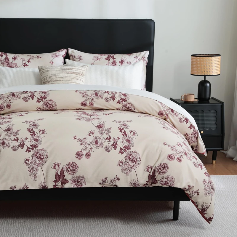 Zusbest Duvet Cover King Size Flannel-Like for Extra Soft 100% Cotton Reversible Tan Floral Shabby Vintage Bedding Wine Red Toile Print Bed Cover Luxury Zipper Comforter Cover Set 3 Pcs- No Filling
