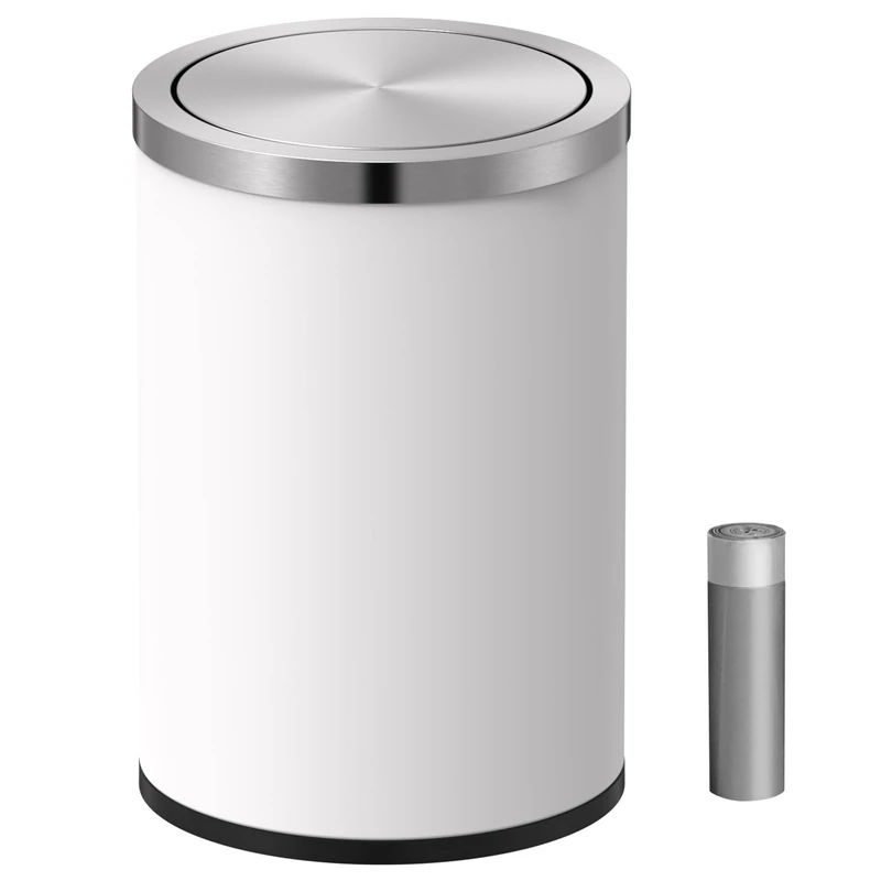 Mbillion, Small Swing Top Trash Can 9 Litre Mini Trash Can with Lid Stainless Steel Cylindrical Waste Bin for Home and Office Bathroom Bedroom - Floor or Table White