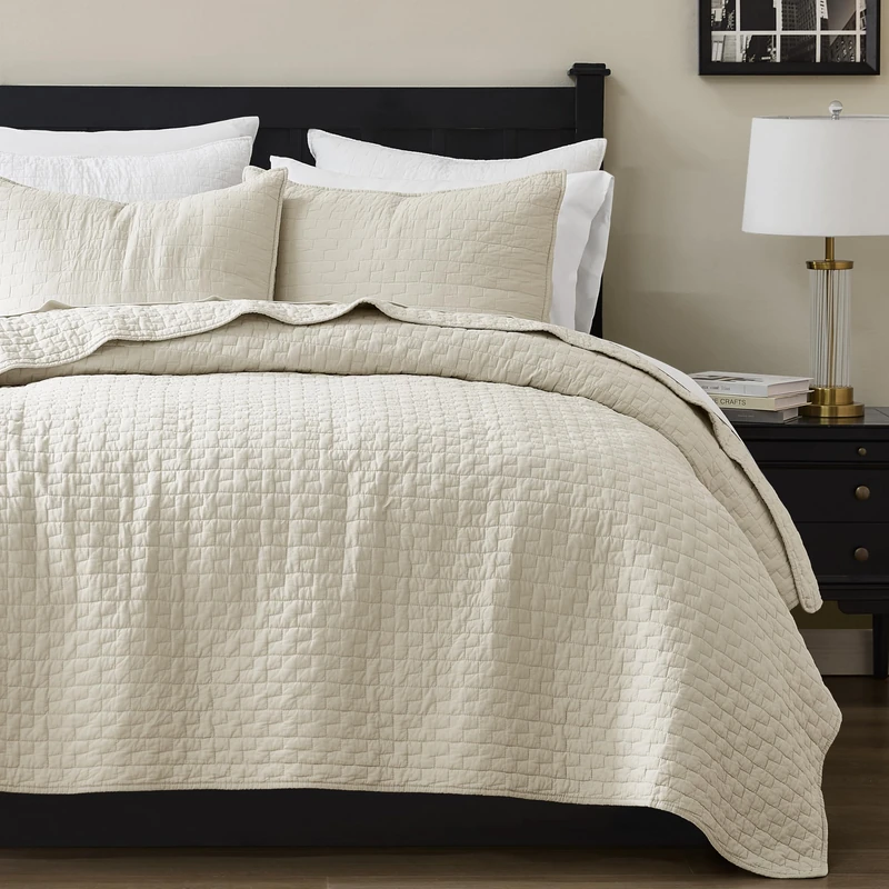 palassio Beige 100% Cotton Quilt King Size Bedding Sets with 2 Pillow Shams, Textured Lightweight Soft Bedspread Shabby Chic Coverlet, Neutral Quilted Comforter Bed Cover for All Season, 3 Pieces