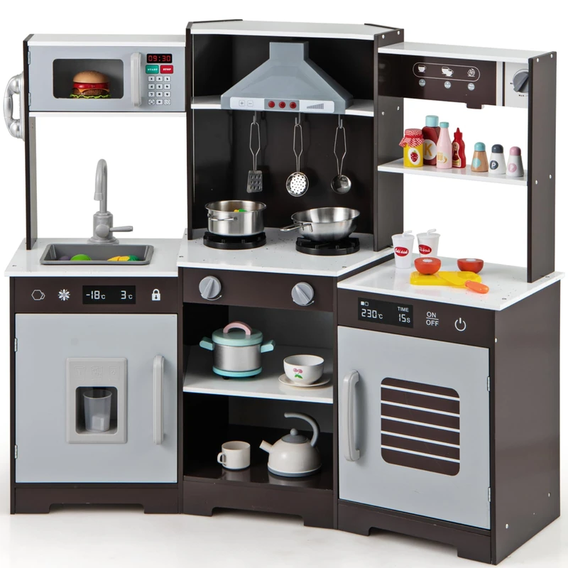 GYMAX Kids Corner Kitchen, Wooden Play Kitchen with Stoves, Range Hood, Ice Maker, Sink, Coffee Maker, Microwave, Oven, Telephone, Utensils, Sounds & Lights, Toy Kitchen for 3 + Years Old (Brown) - Image 1