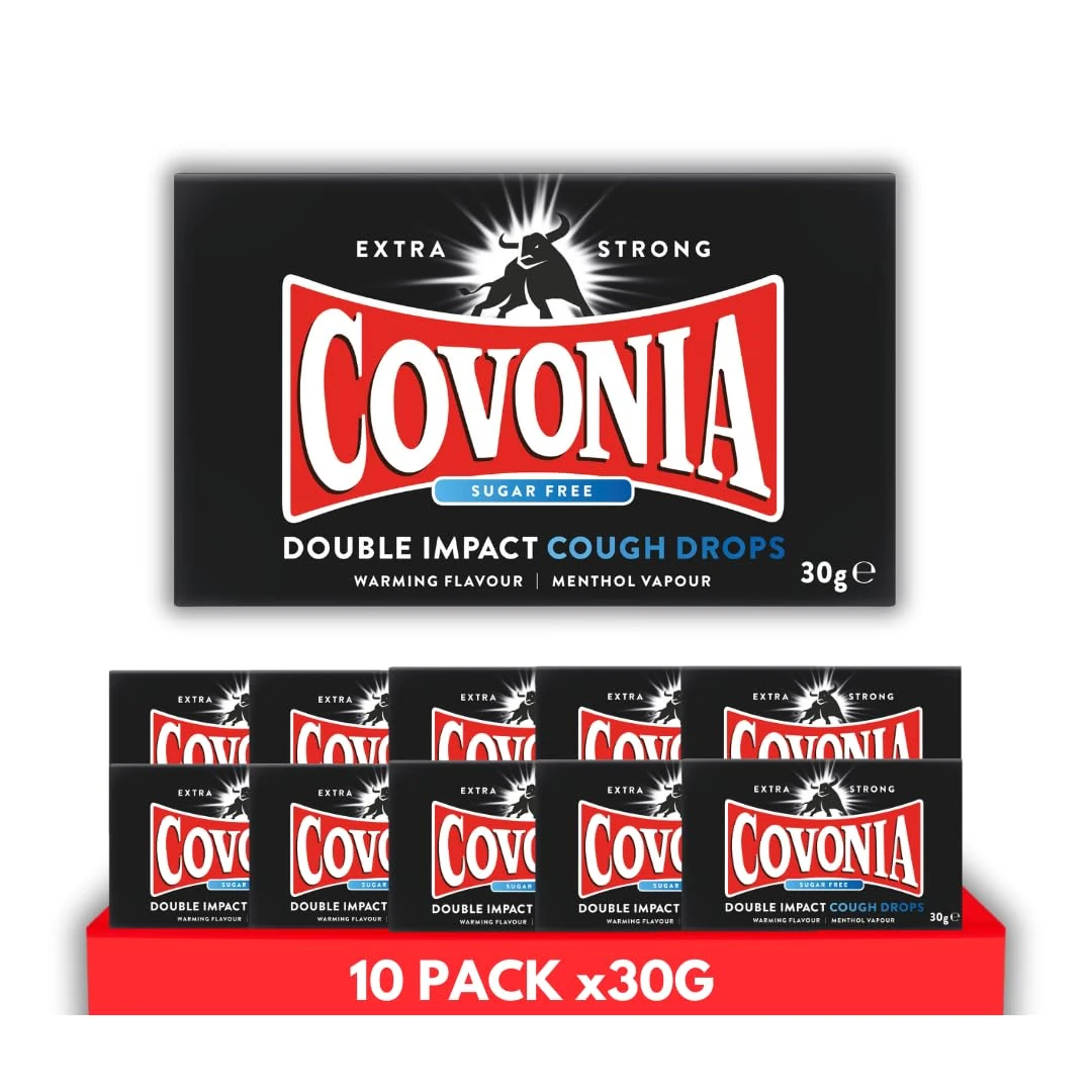 Covonia Double Impact Cough Drops Sugar Free 10 Pack x 30g, Powerful Menthol Vapours, Suitable for Vegetarians & Diabetics, Alcohol Free Cough Drops, 30g