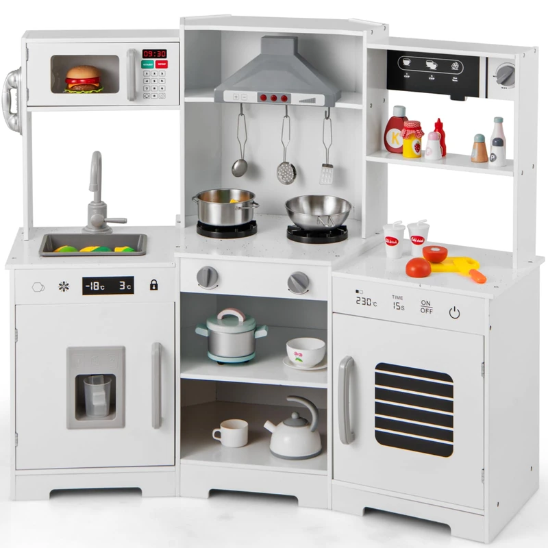 GYMAX Kids Corner Kitchen, Wooden Play Kitchen with Stoves, Range Hood, Ice Maker, Sink, Coffee Maker, Microwave, Oven, Telephone, Utensils, Sounds & Lights, Toy Kitchen for 3 + Years Old (White) - Image 1