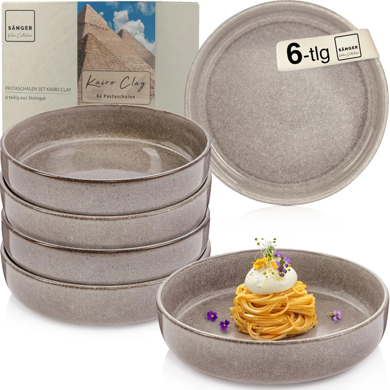 Sänger Kairo Clay Pasta Bowls, 6 Pieces, 6 x Stoneware Noodle Bowls, Bowl Set, Dishwasher Safe, Microwave Safe, Scratch-Resistant, Large Bowl, Multifunctional Grey, 800 ml, Value Collection