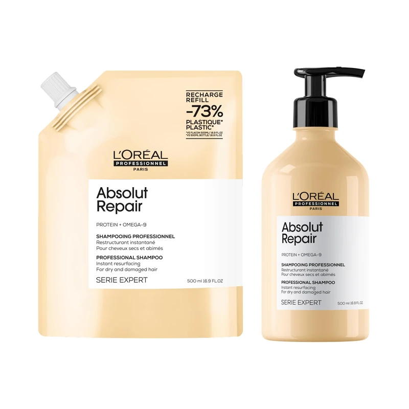 L'Oréal Professionnel Absolut Repair Shampoo, 500ml and Refill - Protein, Gold Quinoa - Serie Expert