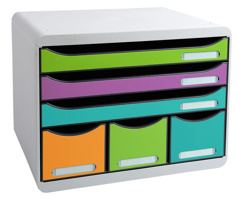 Exacompta - Ref 306909D - Store-Box Pop N'Co - Box with 6 Drawers, 3 Drawers for A4+ documents and 3 Slim Drawers high - External Dimensions: Depth 27 x Width 35.5 x Height 27.2 cm - Assorted - Image 1