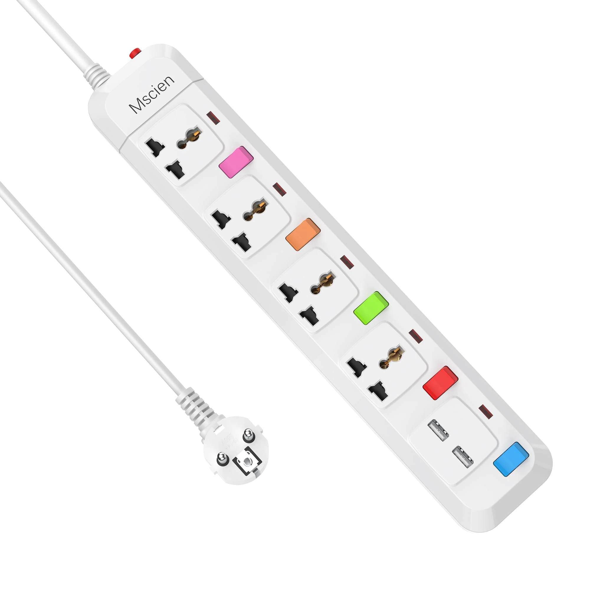 4 Way Extension Lead with 2 USB, Mscien 4 Independent Switch UK to EU Power Strip with 1.8M Extension Cord Wall Mountable (Type E/F Plug)