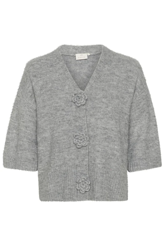 KAFFE Women's Cardigan V-Neck Floral Buttons 3/4 Sleeves Regular Fit Hip Length Sweater, Grey Mix, M
