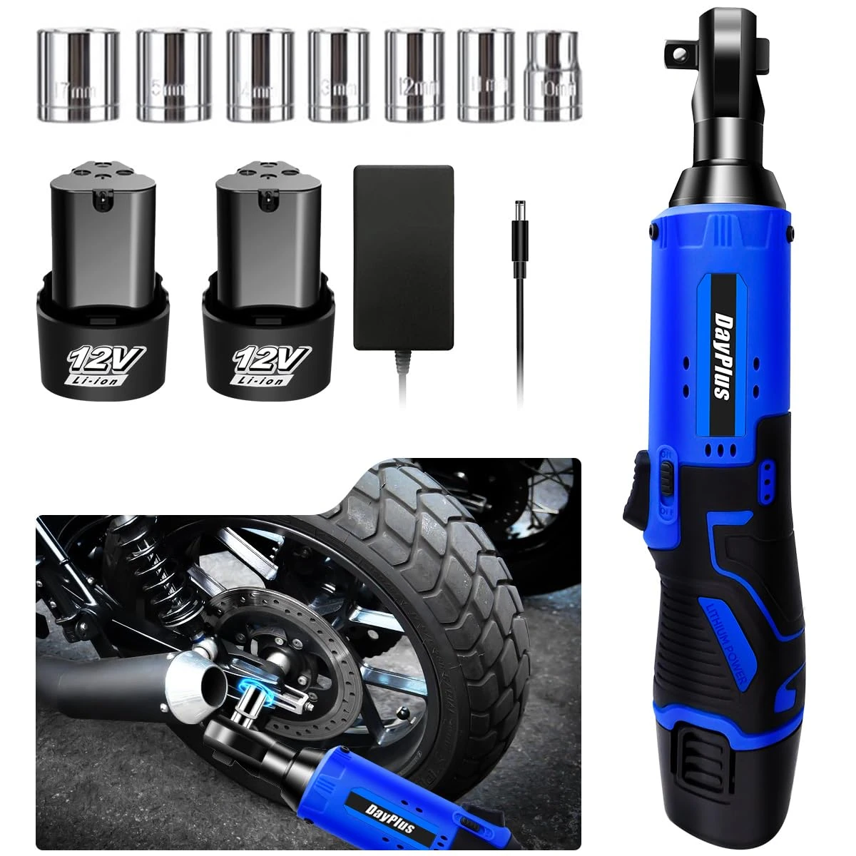 Huini 12V Cordless Ratchet Wrench, 3/8" Electric Ratchet Wrench Kit 40N.m, 300 RPM,Impact Drive Ratchet Rattle Nut Gun with 2 x Lithium-Ion 1.5Ah Battery and Fast Charge,7 PCS Sockets,Blue/Black