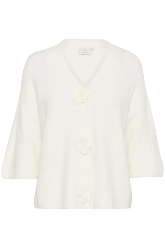 KAFFE Women's Cardigan V-Neck Floral Buttons 3/4 Sleeves Regular Fit Hip Length, Chalk, XXL