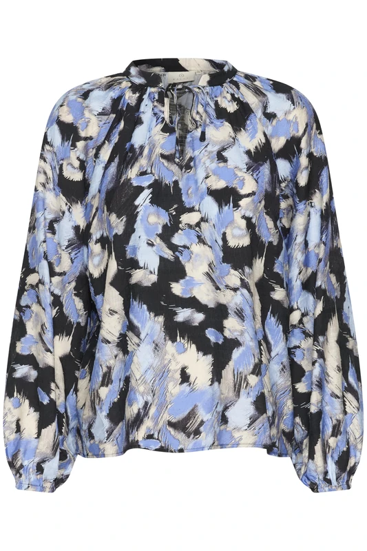 KAFFE Women's Blouse V-Notch Tie Neck Casual Fit Long Sleeves Printed Hip Length, Black/Blue Graphic Strokes, 12