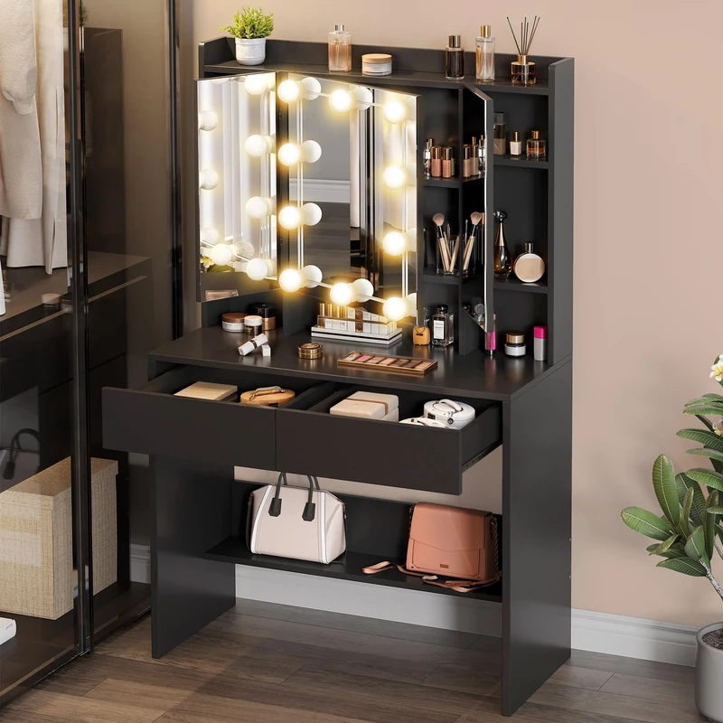 YITAHOME Black Dressing Table, Vanity Desk with 3 Mirror and 2 Drawers, Bedroom Dressing Tables with LED Lights, 10 Bulbs, 3 Light Colours Jewellery Storage and Open Shelves, Modern Makeup Desk