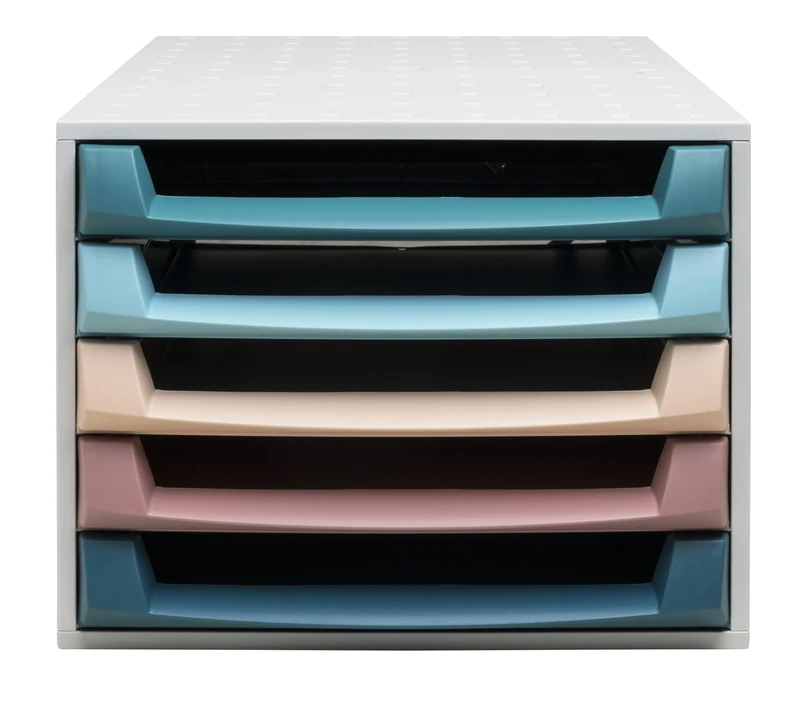 Exacompta - Ref 221606D - THE BOX Skandi - Box with 5 open drawers for A4+ documents - External dimensions: Depth 38.70 x Width 28.4 x Height 21.8 cm - Assorted