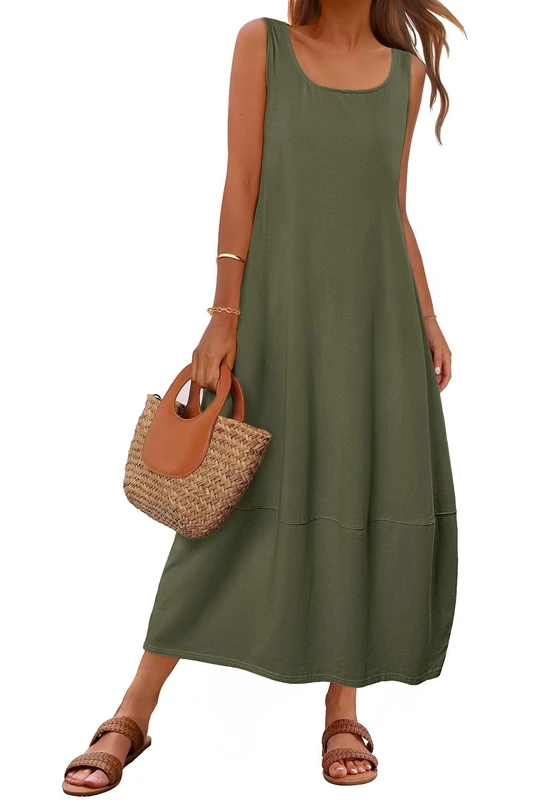 MEROKEETY Women's Casual Sleeveless Maxi Dress 2025 Summer Tank Dress Scoop Neck Loose Beach Sundress, ArmyGreen, S