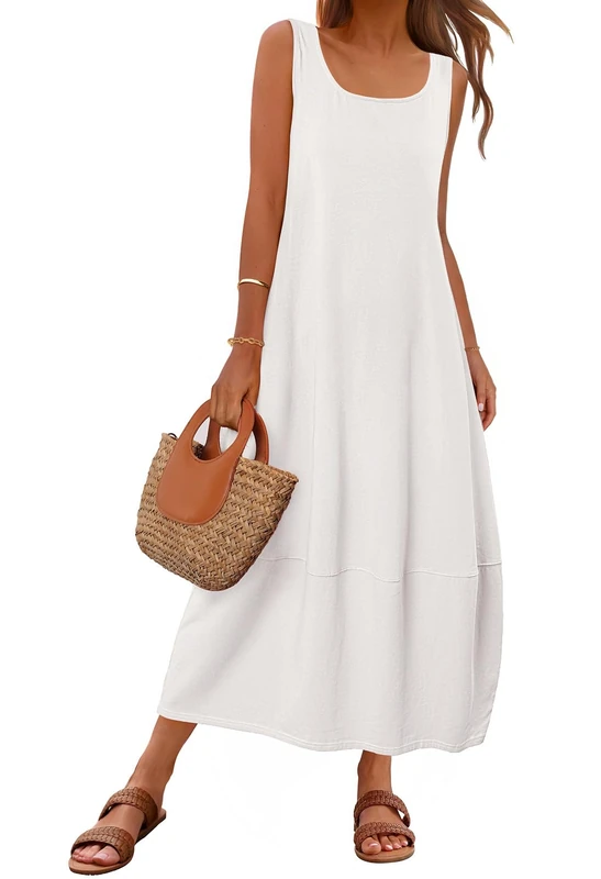 MEROKEETY Women's Casual Sleeveless Maxi Dress 2025 Summer Tank Dress Scoop Neck Loose Beach Sundress, White, M