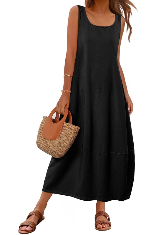 Merokeety Women's Casual Maxi Sundress 2025 Summer Beach Dress Scoop Neck Sleeveless Loose Tank Dress, Black, L