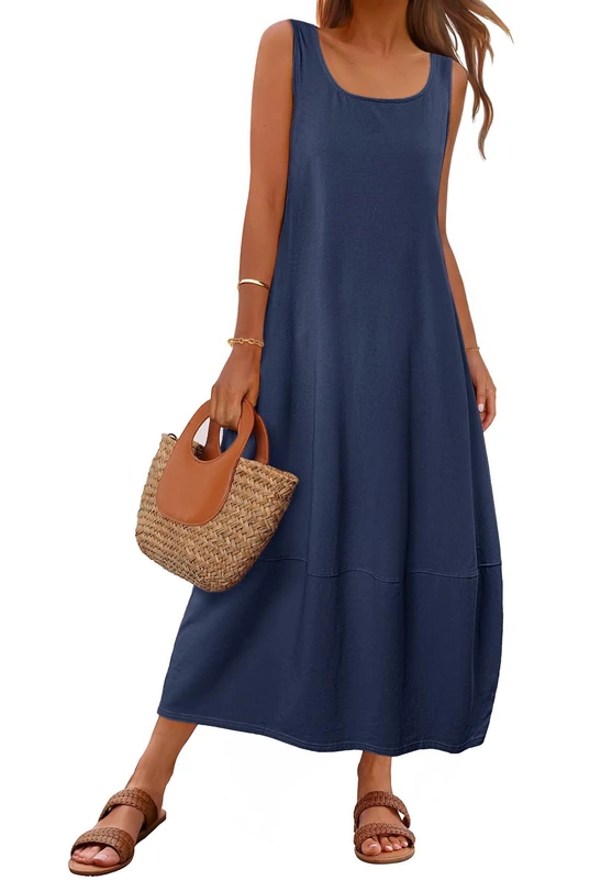 Merokeety Women's Casual Sleeveless Maxi Dress 2025 Summer Tank Dress Scoop Neck Loose Beach Sundress, Navy, L - Image 1