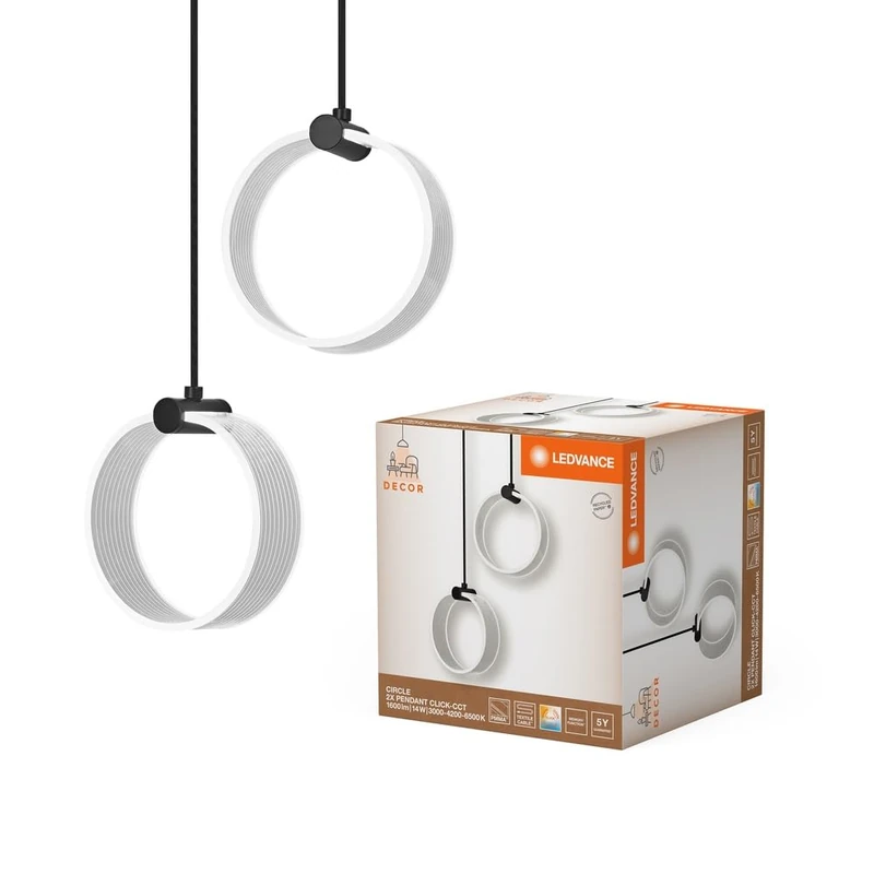 LEDVANCE Decor Circle Decorative Pendant Light, 2 Lamps, PL, 14W, 930lm, 3000K/4200K/6500K, Warm White/Cool White/Daylight, Click-CCT, Non-Dimmable, IP20, Plastic, Black