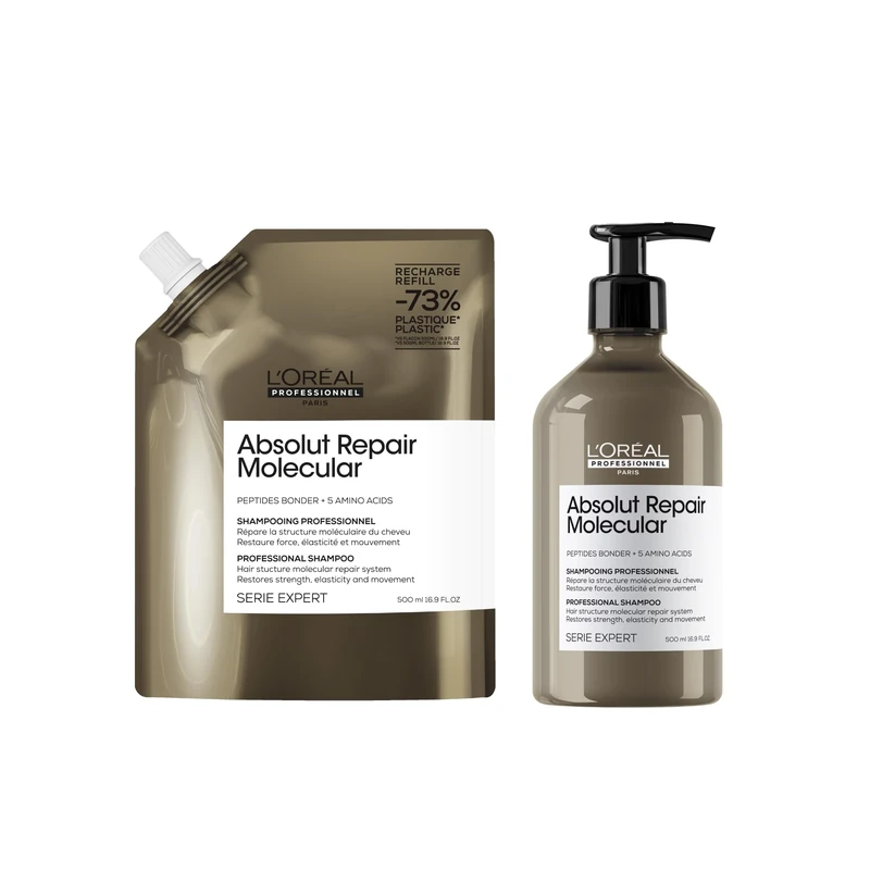 L’Oréal Professionnel Absolut Repair Molecular Shampoo & Refill Big pack bundle 1L (2x 500ml), For Extremely Damaged Hair, Molecular Bond Repair, restores strength & elasticity