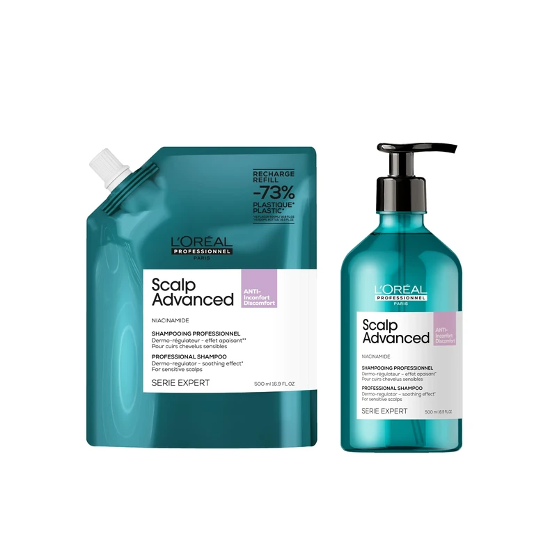 L’Oréal Professionnel Scalp Advanced Anti-Discomfort Shampoo 500ml and Refill 500ml, For Itchy and Dry Scalps, Deep Treatment