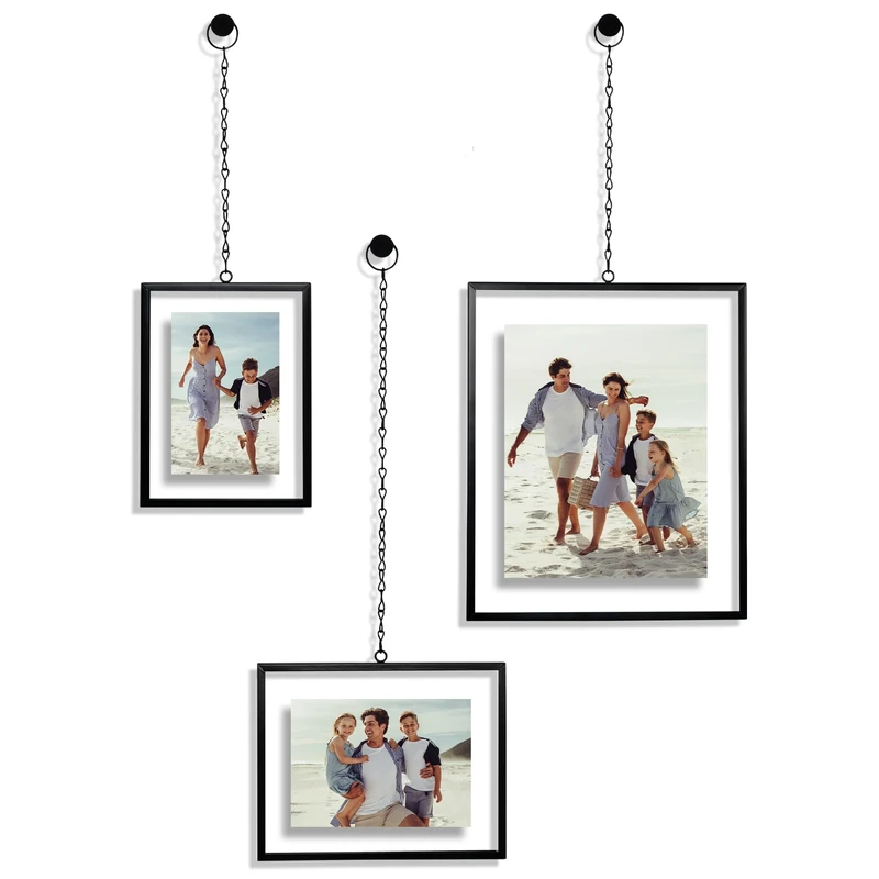 Americanflat Metal Floating Frame with Chain - Set of 3 - Use as 8x10, 5x7 or 4x6 Frame - Pressed Flower Display for Wall Decor - Elegant Black Molding with Shatter-Resistant Glass