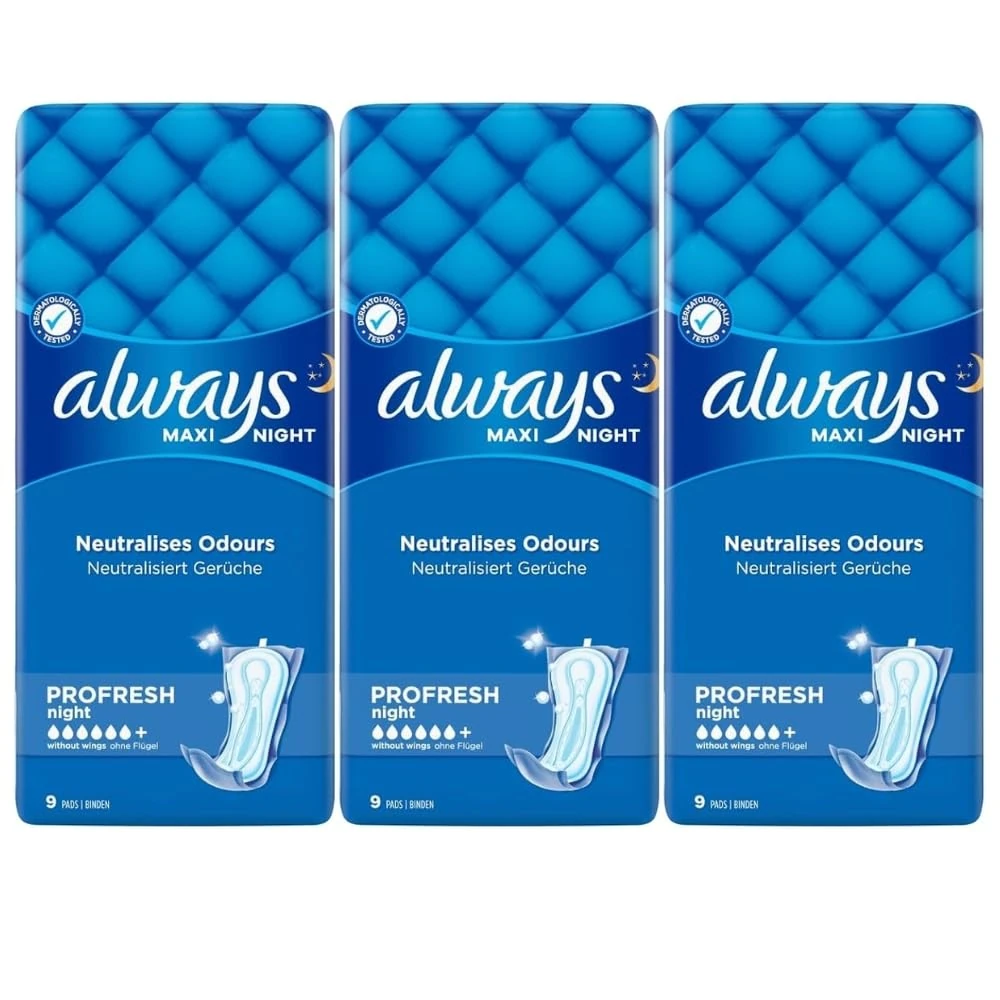 Always Maxi Night Profresh | Ultra Absorbent with Odor Protection for Night Use – 3 Pack Bundle (Total 27 Pads)