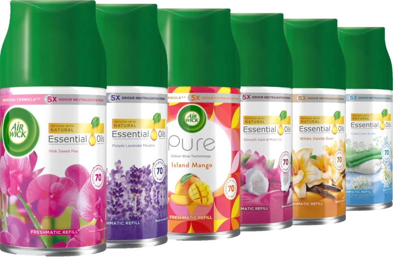 Air Wick Automatic Air Freshener Freshmatic Spray Refills: Crisp Linen & Lilac, Island Mango, Pink Sweet Pea, Purple Lavender Meadow, Satin & Moon Lily, White Vanilla Bean - Mixed fragerence 6 x 250ml