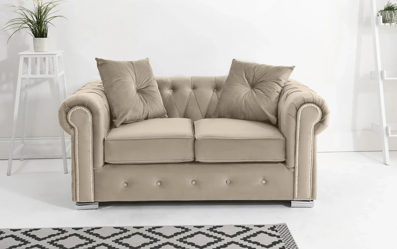 Sofahub Olympia Cream Plush Velvet Chesterfield Sofa – Diamond Detailing & Foam Seat Cushions – Available in 2 Seater, 3 Seater, 3+2, Corner & Corner with Diamonds (Cream, 2 Seater)