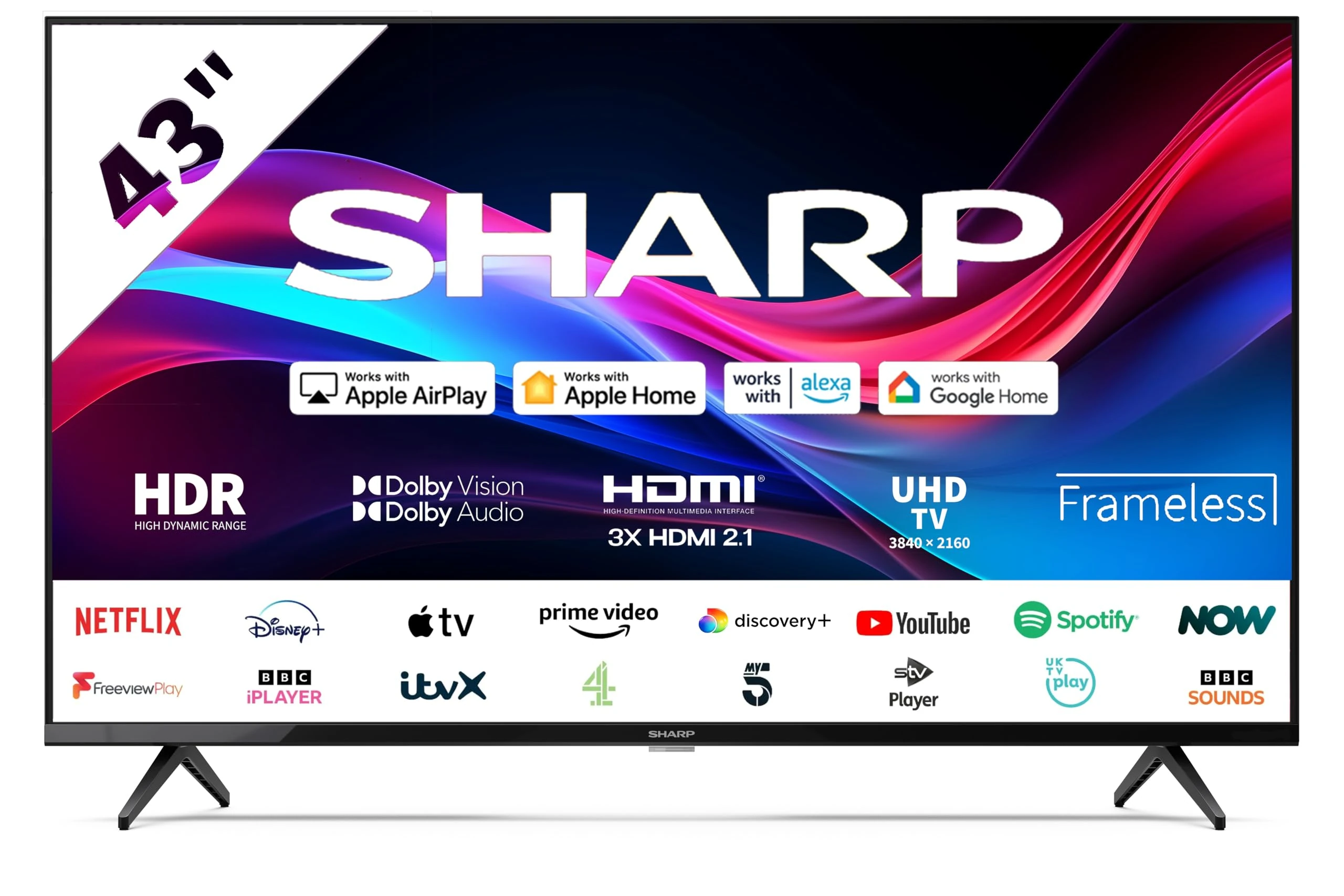 SHARP 43GJ4225K 43 Inch 4K UHD Frameless LED Roku Smart TV – Dolby Vision, HDR10, HLG, HDMI 2.1 with eARC, 3x HDMI, 2x USB, Apple AirPlay, Google Cast, Voice Control Compatible – Black