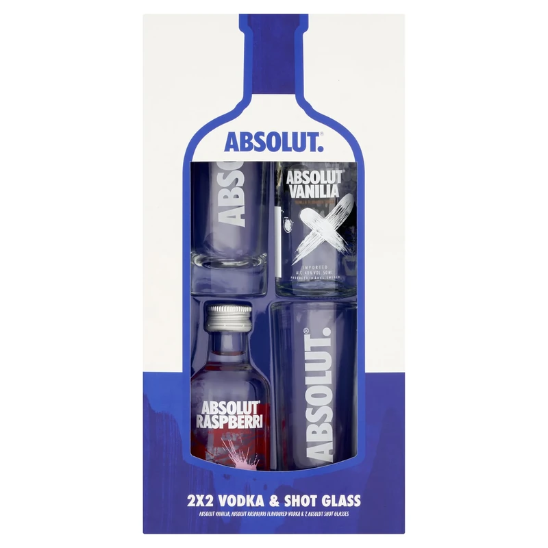 Absolut Vodka Gift Set - Contains 1x50ml Vanilla Vodka, 1x50ml Raspberry Vodka Miniatures, 40% ABV with 2 x Vodka Shots Glasses - Christmas Vodka Gifts, Stocking Filler, by Blue Tree Gifts