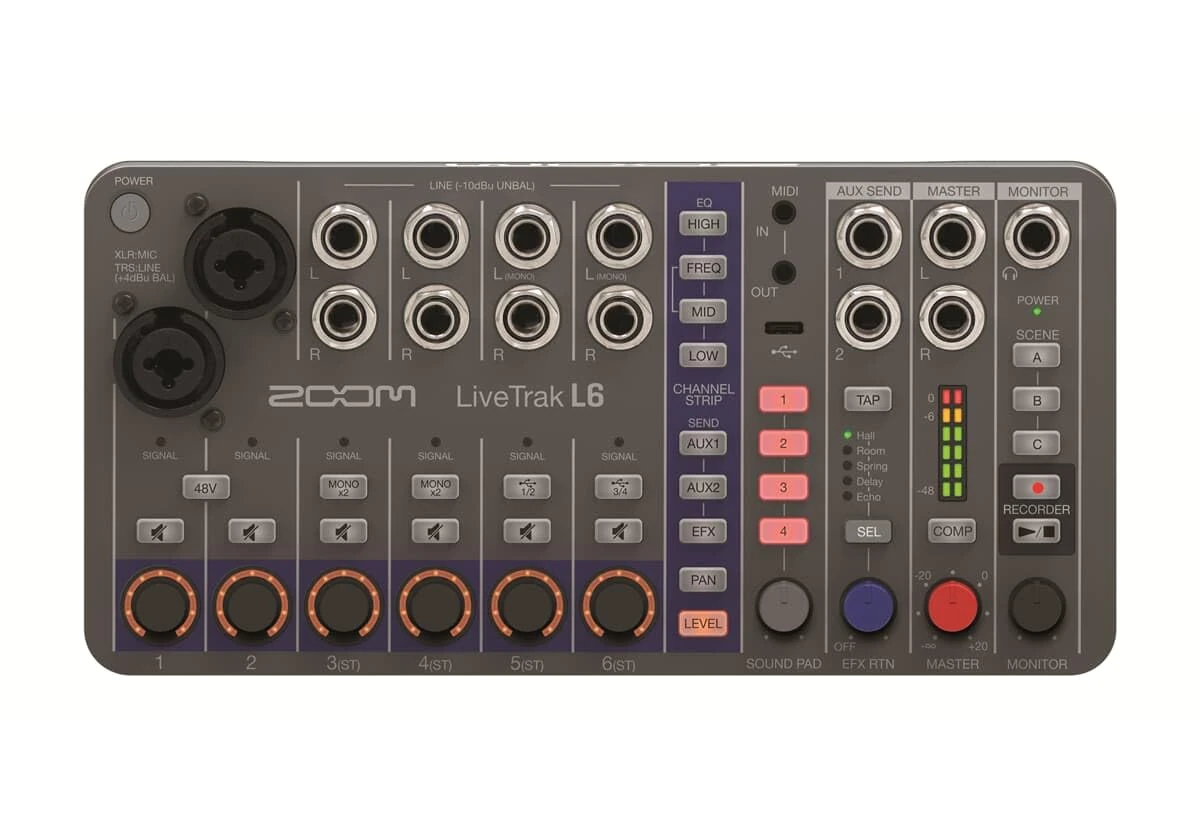 ZOOM LiveTrak L-6 portable 10-track digital mixer, multitrack recorder and audio interface for bands, live recording & studio music production, 32-bit, XLR-TRS, effects, UK-Version