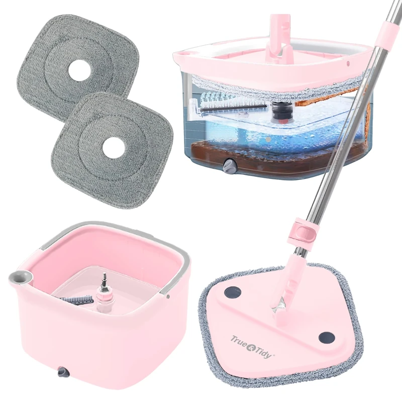 Square Spin Mop and Bucket Smart Floor Mop with Separate Compartments for Clean and Dirty Water, Self Cleaning with 2 Machine Washable Pads, First Launch Limited Edition Rose