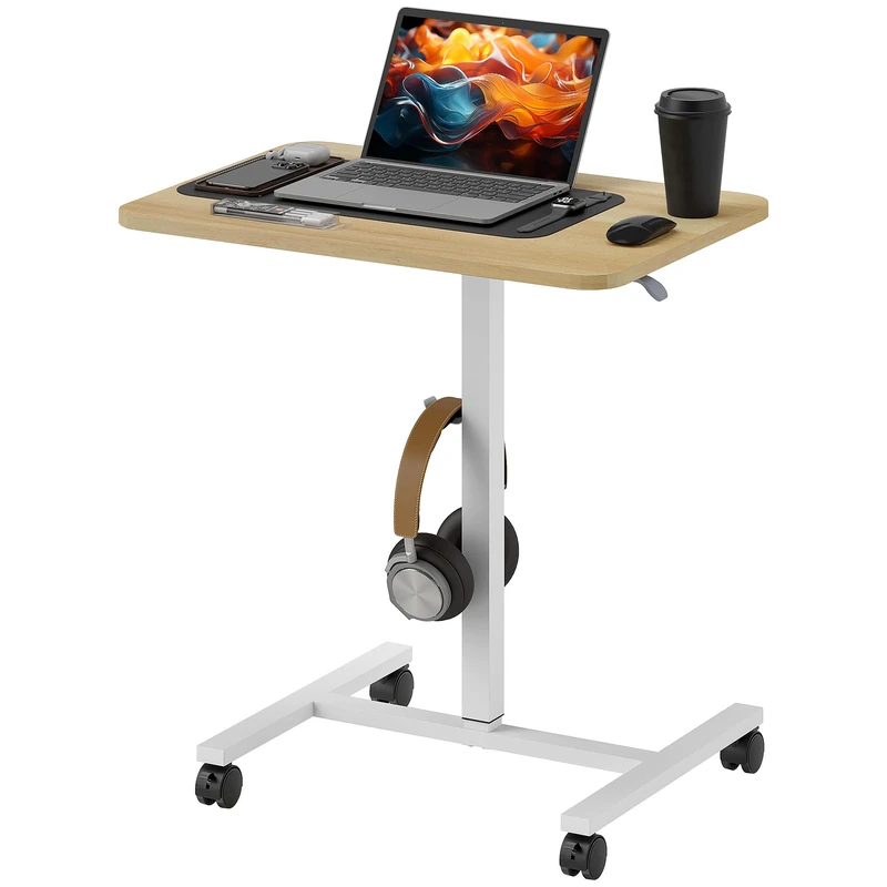 HOMCOM Height Adjustable Standing Desk, Pneumatic Sit Stand Desk for Laptop, Mobile Overbed Table with Wheels and Headphone Hook for Home Office, Natural Wood Finish